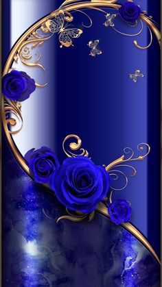 a blue and gold background with roses on the bottom, butterflies in the back ground