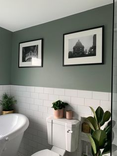 a bathroom with two pictures on the wall and a bathtub in the foreground