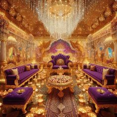 an elaborately decorated room with purple couches and chandeliers