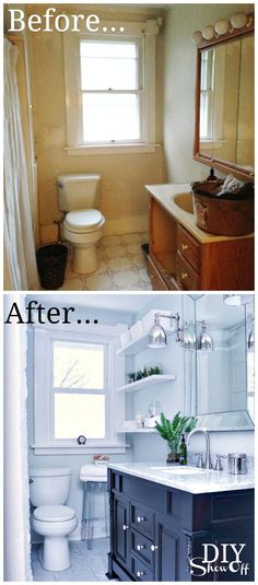 before and after pictures of a bathroom remodel with white tile flooring, black cabinetry, and countertop