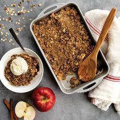 an apple crisp and two bowls of ice cream