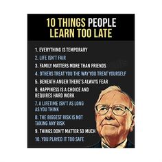 an old man with glasses and the words 10 things people learn too late on it