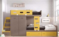 a yellow and gray bunk bed with stairs