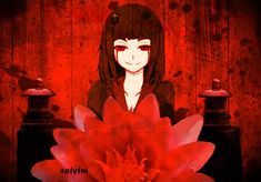 a girl with long black hair standing in front of a red flower