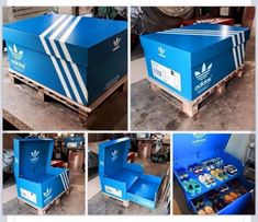 several pictures of the inside of a blue adidas box