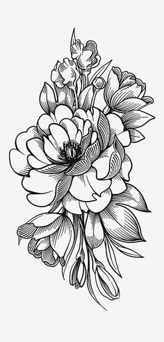 a black and white drawing of flowers