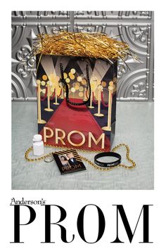 an advertisement for prom with a bag and other items on the table next to it