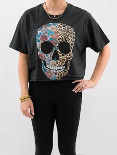 Leopard and Floral Skull Graphic Tee Cropped Tees, Skull Graphic, Floral Skull, Crop Tee, Cheetah Print, Chic Style, Graphic Tee, Graphic Tees, Floral