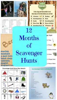 the twelve months of scavenger hunt is shown in blue and white, with pictures of