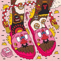 a pair of pink shoes with cartoon faces on them, surrounded by other objects and symbols