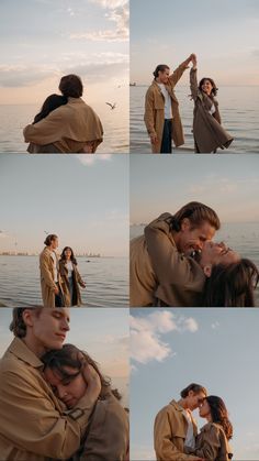 a man and woman standing next to each other near the ocean with their arms around each other