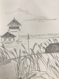 a pencil drawing of a gazebo in the grass by the beach with water behind it