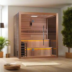 an indoor sauna is shown in the middle of a room with potted plants