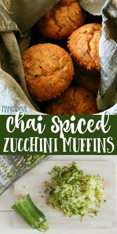 zucchini muffins in a bag on a cutting board with the title overlay