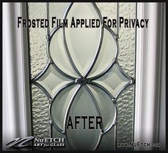 a glass door with the words frosted film applied for privacy