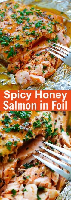 a close up of food on a pan with a fork in it and the words spicy honey salmon in foil