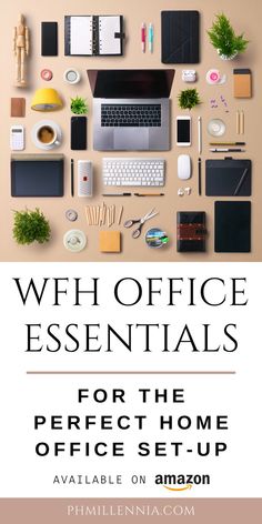 an office desk with the words, wh office essentials for the perfect home office setup available on amazon