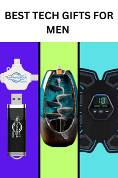 the best tech gifts for men are on display in this collage with different colors