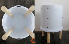 two pictures side by side one has a white bucket and the other has wooden paddles in it