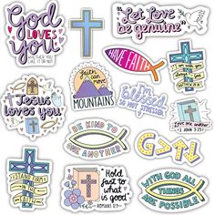 various stickers with the words and symbols in different colors, including an image of a cross