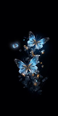 three blue butterflies flying in the dark with lights on their wings, and some flowers