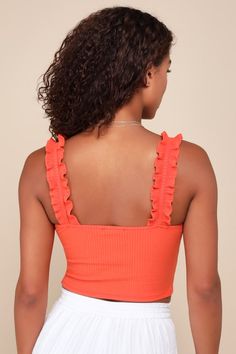 We've got so many wonderful things to think about the Lulus Musing About You Orange Ribbed Ruffle Strap Cropped Tank Top! Stretchy ribbed knit shapes a trendy square neckline and too-cute, ruffled tank straps. The fitted bodice finishes at a cropped hem, perfect for pairing with all your high-waisted favorites! Fit: This garment fits true to size. Length: Size medium measures 15.5" from shoulder to hem. Bust: Great for any cup size. Waist: Fitted - stretchy fabric allows custom fit. Undergarment Spring Ribbed Crop Top With Square Neck, Trendy Ruffled Square Neck Crop Top, Ribbed Tank Top, Ribbed Tank Tops, Ribbed Tank, Cup Size, Wonderful Things, Fitted Bodice, Cropped Tank Top