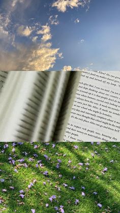 an open book sitting on top of a lush green field under a blue cloudy sky