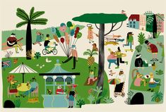 an illustration of people and animals in a park with trees, buildings, and other things