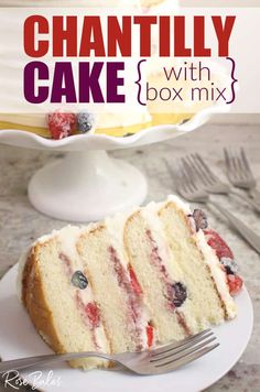 a slice of cake on a plate with a fork and the rest of the cake in the background