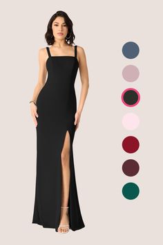 a woman in a long black dress with slits on the side and color swatches