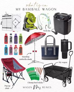 a collage of various items that include an umbrella, chair, cooler and other things