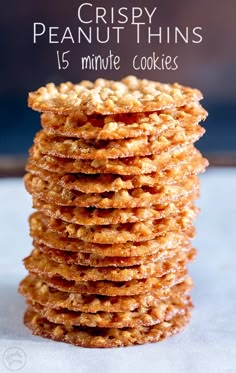 a stack of crispy peanut thins with the words 15 minute cookies above it