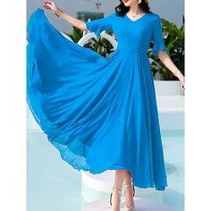 Blue 3/4 Sleeve Maxi Dress For Party, Casual Blue Chiffon V-neck Dress, Chiffon Dress Casual, Elegant Royal Blue Floor-length Maxi Dress, Royal Blue Floor-length Maxi Dress For Summer, Black Dress Casual, Blue Cotton Maxi Dress With 3/4 Sleeves, Everyday Dresses Casual, Long Dress Black