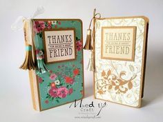 two greeting cards with thank you and friends written on them