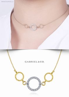 Dazzle and delight with this chic mixed metal choker necklace. A central loop of luxe 14k white gold and dazzling 0.25ct diamonds is flanked by two smaller rings of twisted 14k yellow gold. A dainty chain of gleaming yellow gold completes this effortless style. NK6055M45JJ #GabrielNY #DiamondJewelry #FineJewelry #GabrielAndCo #UniqueJewelry #DiamondJewelry #Jewelry  #FineJewelry#FashionJewelry#UniqueJewelry#GiftIdeas#UniqueGifts  #Necklaces #DiamondNecklace#GoldNecklace#Yellow/WhiteGoldNecklace White Diamond Necklace Fine Jewelry, White Diamond Necklaces, Elegant White 14k Gold Jewelry, Elegant White Diamond Necklace In 14k Gold, Formal White Jewelry With Pave Setting, Elegant White 14k Gold Diamond Necklace, White Round Jewelry With Single Cut Diamonds, White Pave Setting Necklace For Wedding, White Diamond Necklace For Formal Occasions