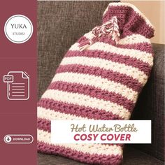 a crocheted bag with the words hot water bottle cozy cover written in red and white