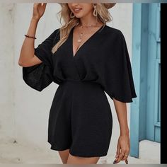 V Neck Short Sleeve Wide Leg Shorts Romper 100% Polyester Black High Waist Jumpsuits And Rompers For Spring, Black High-waist Jumpsuits And Rompers For Summer, Black Short Sleeve Jumpsuits And Rompers For Day Out, Wide Leg Shorts, Shorts Romper, Black Romper, Private Label, Short Rompers, Pant Jumpsuit