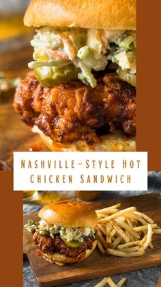 the nashville style hot chicken sandwich is served with fries