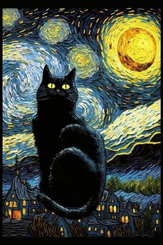 a black cat sitting in front of a starry night sky with the moon behind it