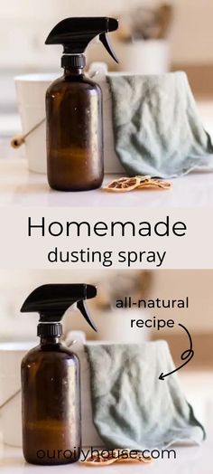 two images showing how to use homemade dusting spray on furniture and decorating it