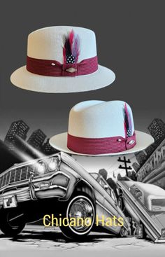 "Frank Garcia traditional  White fine finish  fedora lowrider hat made of 100% woven finest cotton string comes with a Burgundy band. Also comes with a silk inside liner, real rooster feather, pearl pin and hat pendant. 2\" brim." White Flat Bill Panama Hat For Rodeo, Vintage White Fedora With Short Brim, Summer Fitted Hat With Flat Bill, Vintage White Panama Hat With Curved Brim, Vintage White Panama Hat With Flat Brim, White Flat Bill Fedora For Kentucky Derby, Vintage White Panama Fedora Hat, Adjustable Fitted Hat With Short Brim For Summer, White Fitted Hat With Flat Brim For Summer