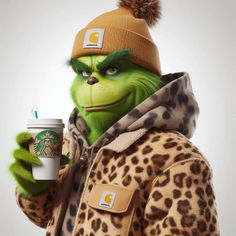 the grin is holding a starbucks cup and wearing a leopard print coat with a pom - pom on it's head