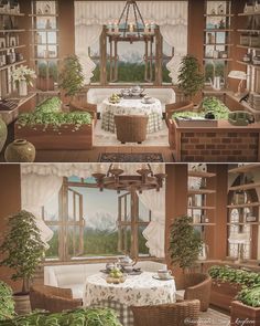 two pictures of a dining room with plants in the windows