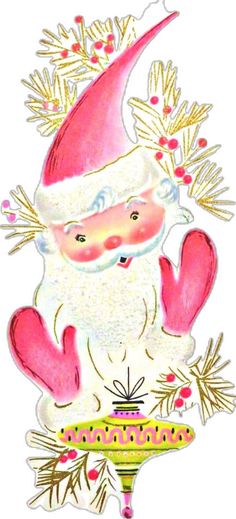 a drawing of a santa clause holding a plate with pine branches and berries on it