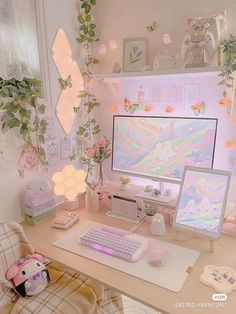 cute room inspiration inspo aesthetic bedroom ideas y2k trend minimalistic clean korean japanese desk tidy organizer style vibe aesthetic desk studying coquette cute beautiful sunlight pink luminous rainbow purple blue yellow bright night Cute Pc Build, Kawaii Desk Setup, Kawaii Office, Gamer Aesthetic, Cozy Desk, Study Desk Decor, Desk Layout, Gamer Room Decor, Gaming Setups