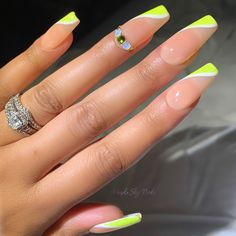 "SHOWN IN IMAGE:  \"HIGHLIGHTER\", in Medium Coffin. (Neon Yellow Press On Nails - Sideways French Glue on Fake Nails) Please read full description below. Here at Purple Sky Nails, we strive to deliver the best in beauty and convenience without sacrificing quality. You do not need to spend hours at the salon to obtain luxury style nails! Our custom hand-made nail sets can be delivered right to your home or place of business.  - All of our press on nail sets are hand painted and made to order. - Blue And Yellow Nail Designs, Bday Nails, Medium Coffin, Sky Nails, Lash Salon, Style Nails, Nail Sets, Hair Skin Nails