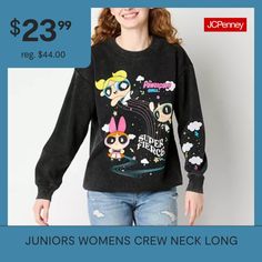 Featuring a colorful print of Blossom, Bubbles, and Buttercup, this cozy women's and junior's Powerpuff Girls sweatshirt is perfect for channeling your inner superhero. It's crafted from a breathable cotton-blend for a regular-fit with a crew neck and long sleeves. Features: BreathableCharacter: Powerpuff GirlsClosure Type: Pullover HeadFit: Regular FitNeckline: Crew NeckSleeve Length: Long SleeveApparel Length: 28 InchesFiber Content: 60% Cotton, 40% PolyesterCare: Machine Wash, Tumble DryMate… Bubbles And Buttercup, Blossom Bubbles And Buttercup, Girls Sweatshirt, Girl Sweatshirts, Powerpuff Girls, Crew Sweatshirts, Sweatshirts Women, Shirts Tops, Cotton Blend