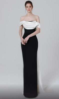 MNM COUTURE N0456 - Draped Off Shoulder Evening Dress Mnm Couture, Off Shoulder Evening Dress, Lace Evening Gowns, 파티 드레스, Black N White Dress, Glam Dresses, Dress Purchase, Fancy Dresses, Mode Outfits