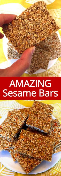 homemade sesame bars are stacked on top of each other with the words amazing sesame bars