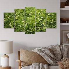 a living room filled with furniture and lots of green plants on the wall above it